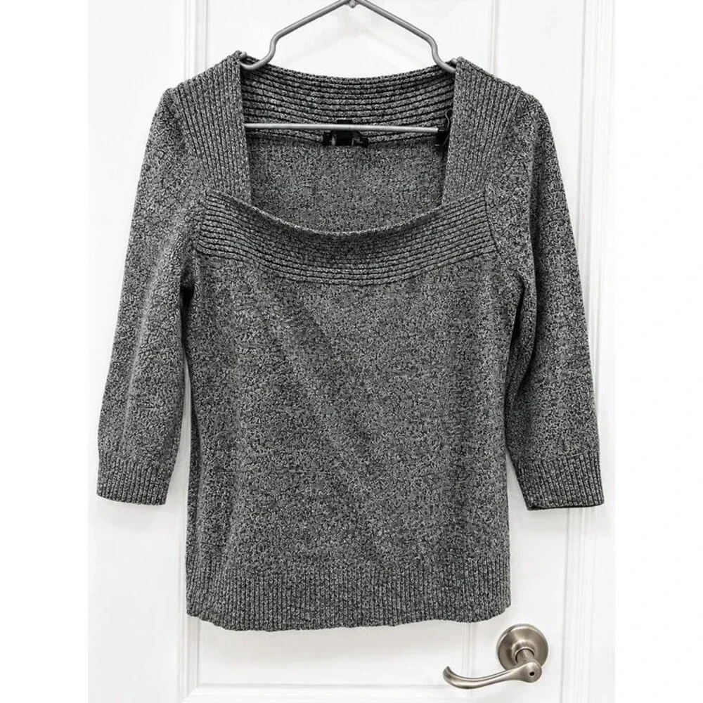 AB Studio Gray Marled Knit Sweater Women’s Large 3/4 Sleeve Boat Neck